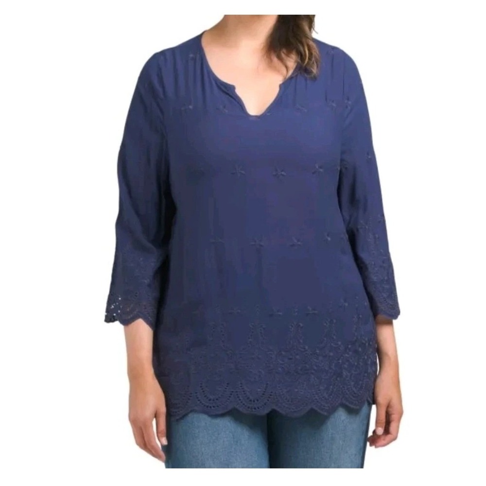 Liv Los Angeles Blouse Womens 2X Navy Blue Eyelet Embroidered Scallop SB1268X